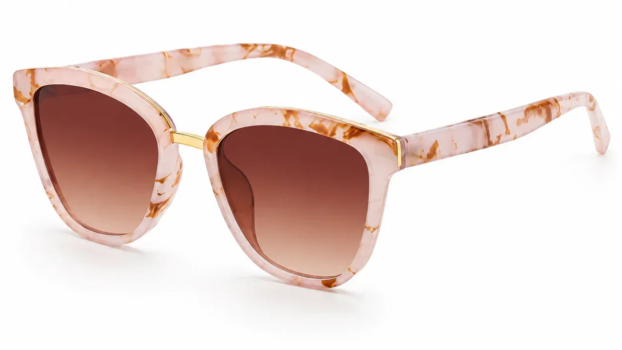 Stylish women's cat-eye sunglasses with pink marble frame and gradient brown lenses, UV protection